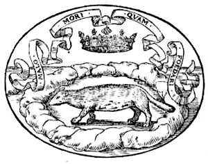 Henry Peacham's Emblem 75, which depicts an ermine being pursued by a hunter and two hounds, is entitled "Cui candor morte redemptus" or "Purity bought with his own death"