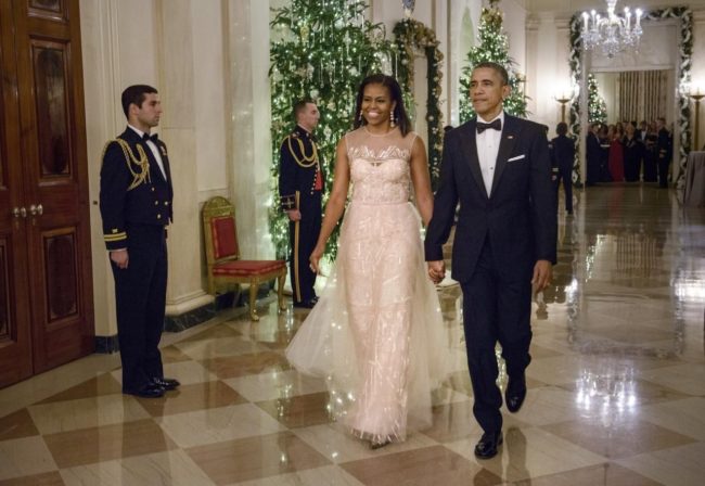 Former First Lady Michelle Obama dazzled in a Monique Lhuillier gown at the 2014 Kennedy Center Honors