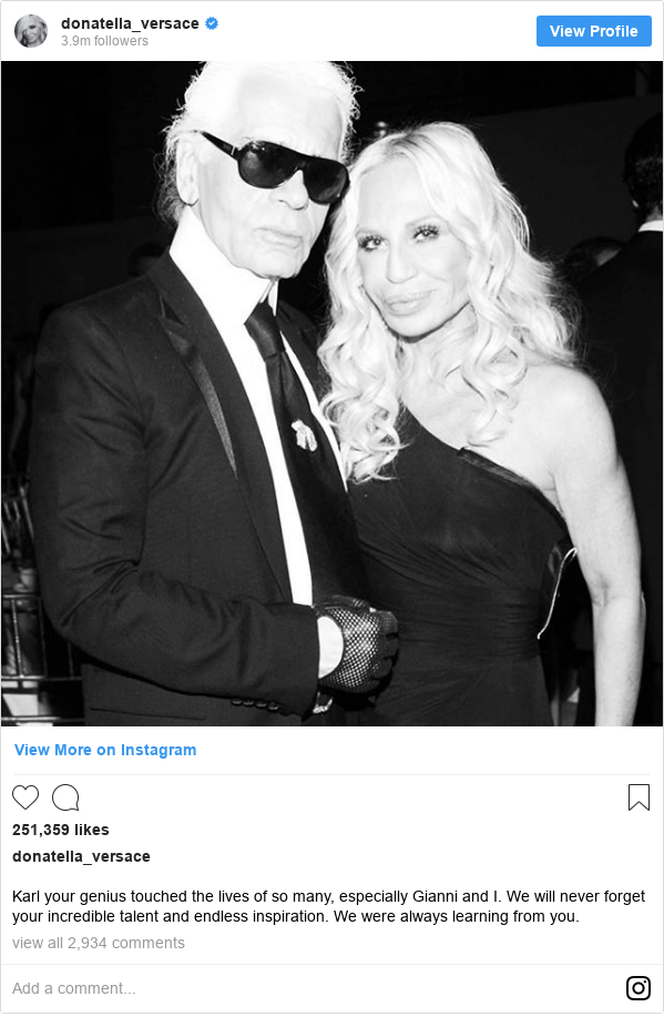 Instagram post by Donatella Versace about the death of her friend Karl Lagerfeld